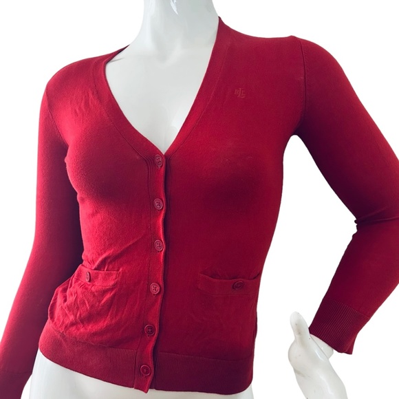 Lauren Ralph Lauren red cardigan sweater.  size P/S petite pockets in front - Picture 1 of 8